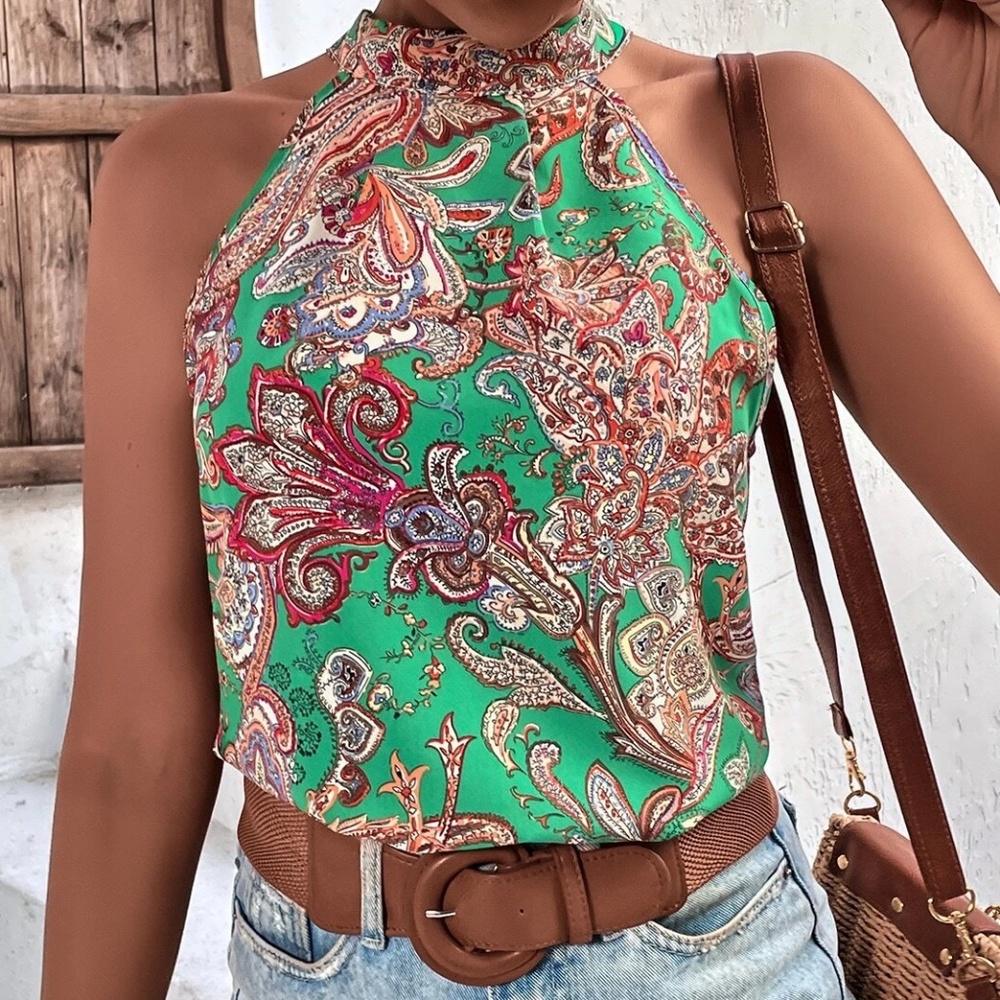 Boho Floral Paisley Print Halter Top - Picture 2 of 3